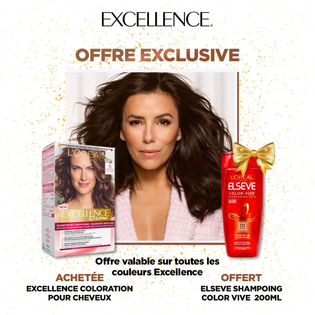 PACK L’ORÉAL PARIS – EXCELLENCE COLORATION POUR CHEVEUX 6 BLOND FONCE = ELSEVE SHAMPOING  COLOR VIVE 200ML OFFERT