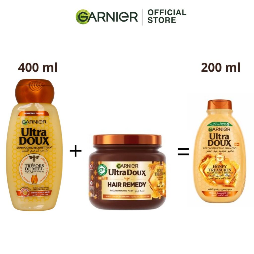 Ultra Doux Shampoing Trésors De Miel 400ml + Masque Remède Reconstituant Cheveux Fragiles Trésors de Miel 340ml = Ultra Doux Shampoing Trésors De Miel 200ml