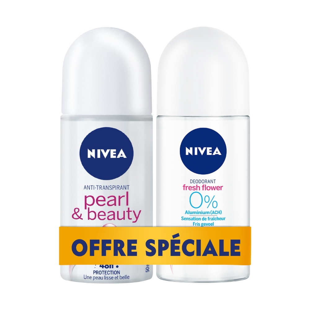 Pack NIVEA – Déodorants Femme Roll-on Pearl & Beauty 50ml + Fresh Flower 50ml