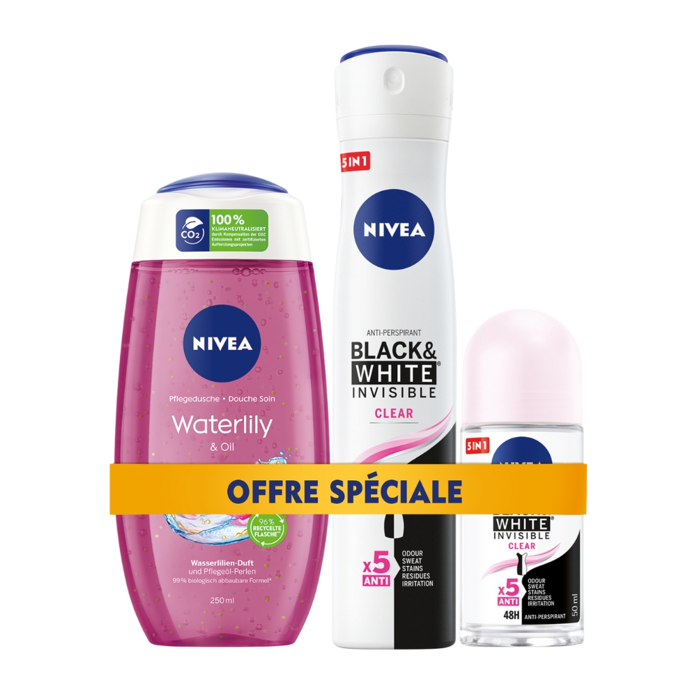 Pack NIVEA – Waterlily & Oil + Déo Black & White Clear (Spray & Roll-on)