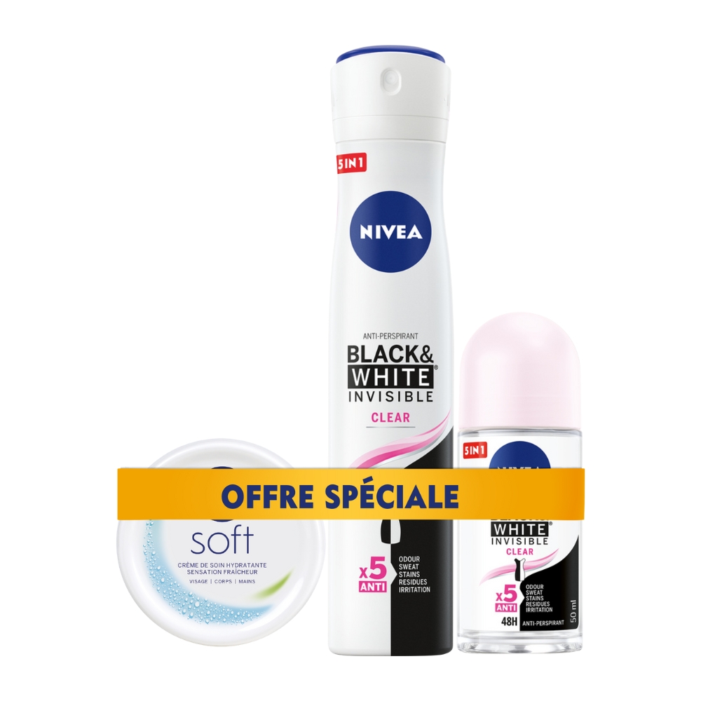 Pack NIVEA Femme – Crème Hydratante Soft 50ml + Déodorants Black & White (Roll-on 50ml + Spray 200ml)